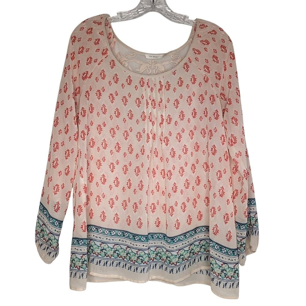 Blu Pepper Boho Print Peasant Blouse Size Medium Festival Romantic Hippie